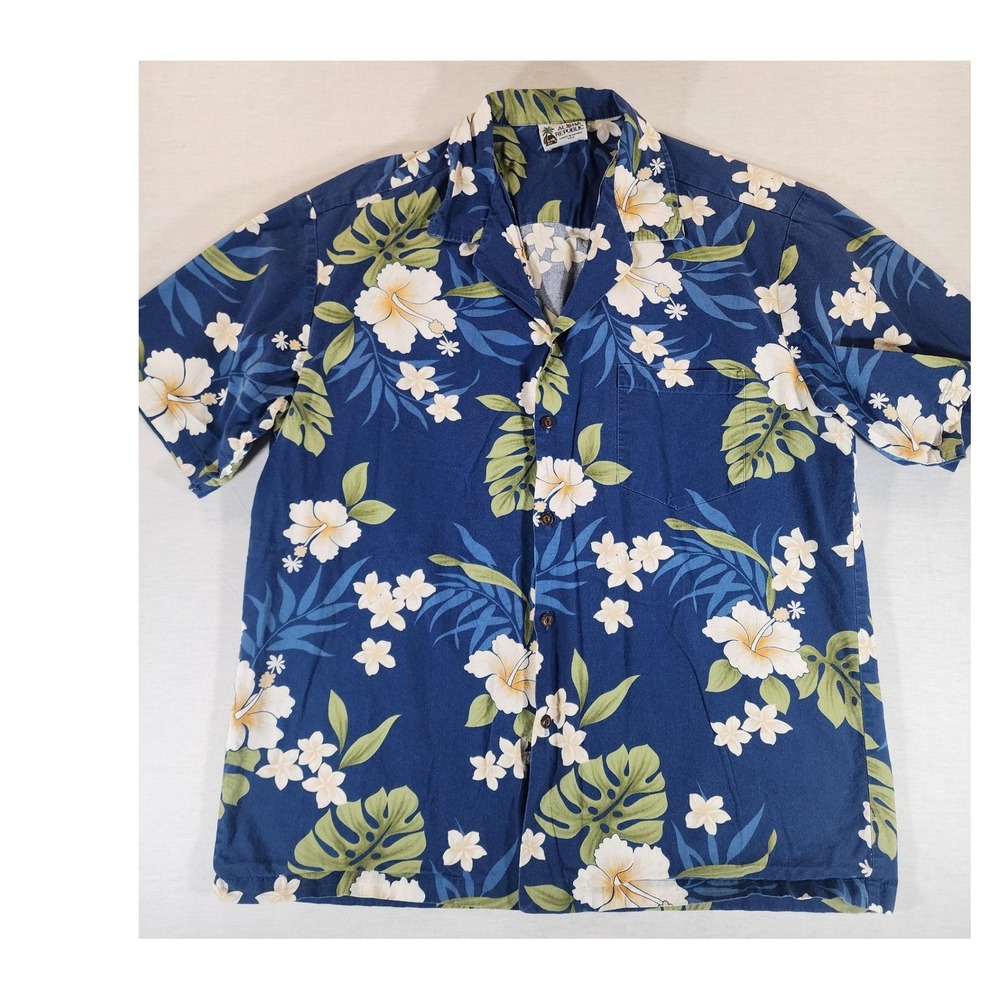 Aloha Republic Hawaiian Shirt Mens L/XL Blue Hibiscus Cotton Made in Hawaii USA